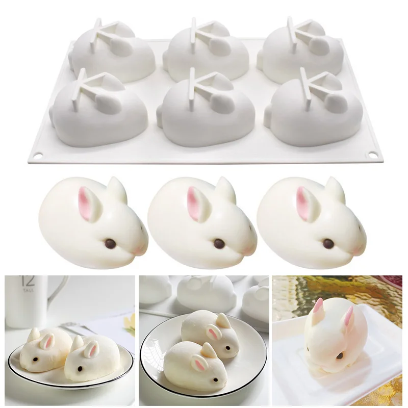 Household 6-hole 3D Bunny Pudding Mold DIY Silicone Mold Baking Net Red Cake Mold Mousse Even Baking Mold Kitchen Accessories