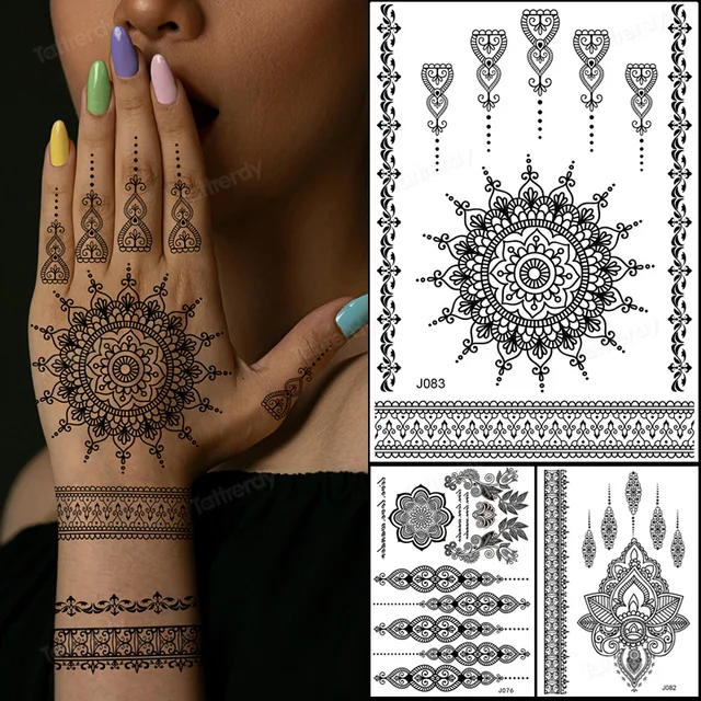 Sexy Lace Black Henna Temporary Tattoo Sticker Women Hand Jewelry Tatoo Paste Waterproof Fake Body Art Tattoo Wedding Indian 1