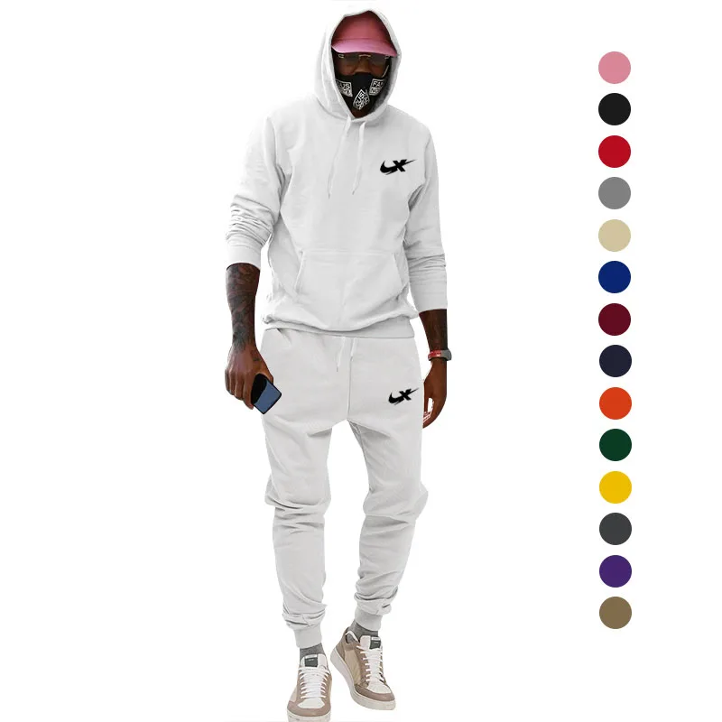 

2023 plush sweater men's hooded autumn and winter new loose solid color large size blank pullover pants casual set