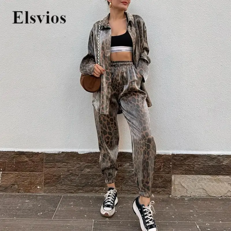 

Fashion Long Sleeve Shirt Top And High Waist Pants Suit Women Casual Sport Two-piece Set Sexy Leopard Print Loose Blouse Outifts