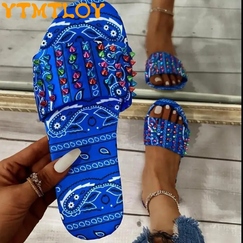 

Summer New Style Celebrity Sandals And Slippers Women All-match External Wear Printing Colorful Casual Flat Slippers 36-43