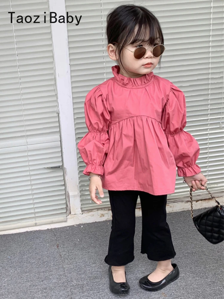 

TaoziBaby Toddler girl puff sleeve white blouse 2022 spring new girl long-sleeved stand-up collar shirt children clothes