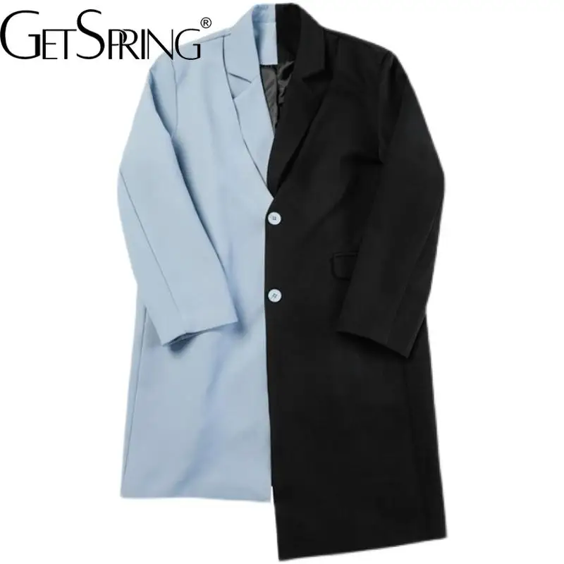 

GetSpring Women Trench Coat Fashionable Color Matching Fake Two Irregular Windbreaker All Match Loose Long Overcoat Autumn 2022