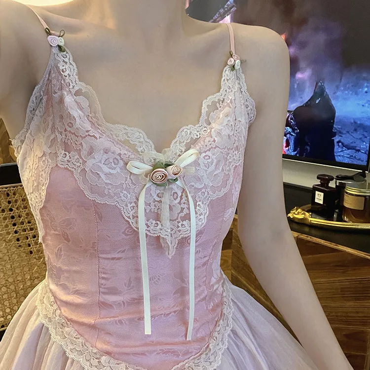 

French Vintage Lace Dress Fairy Cute Sweet Y2K Young Girl Romantic Birthday Date Party Retro Sleeveless Straps Draped Maxi Dress