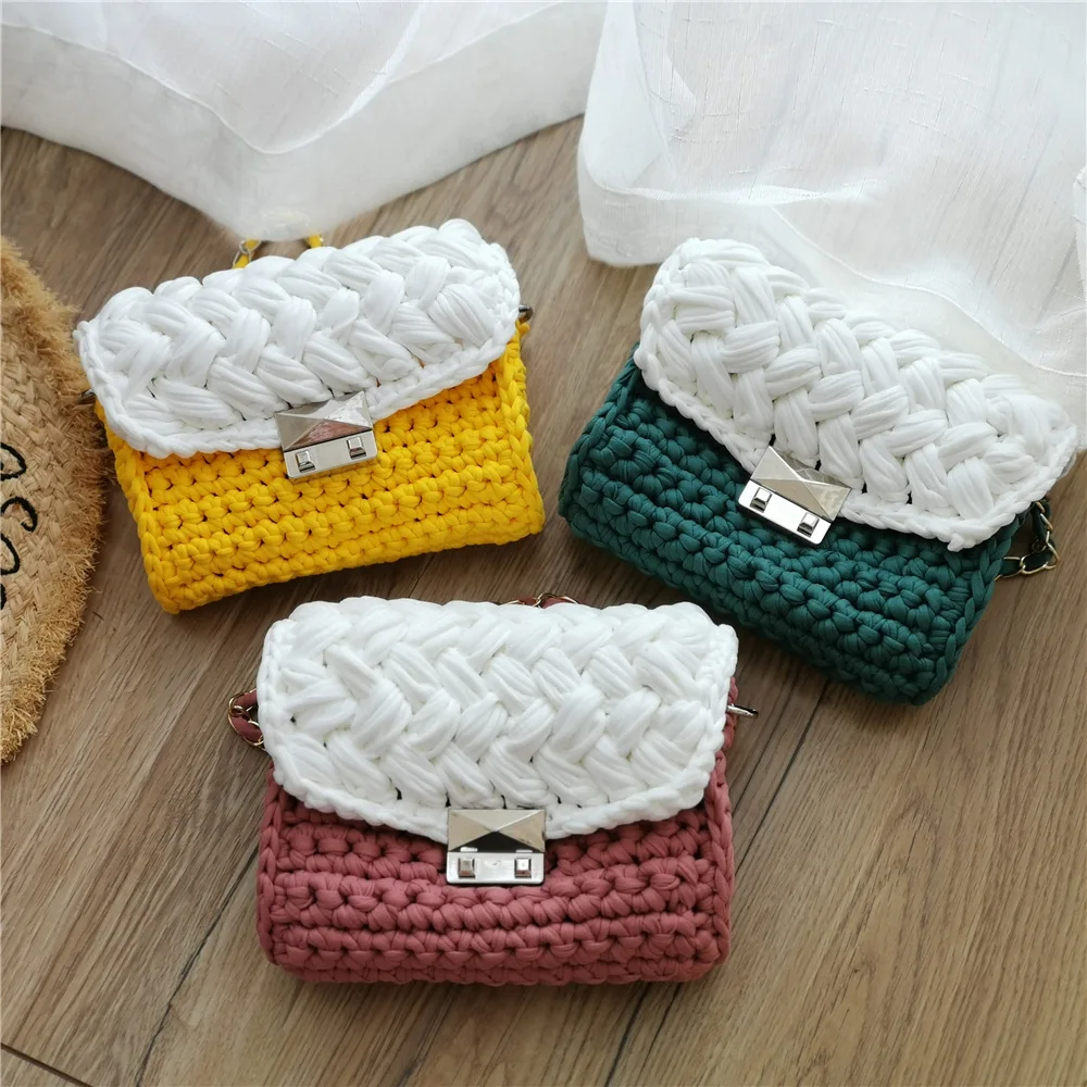 DIY Hyunya Same Style Woven Bag Crossbody One Shoulder Cloth Stripe Line Small Fragrant Wind Hand Hooked Woolen Bag enlarge