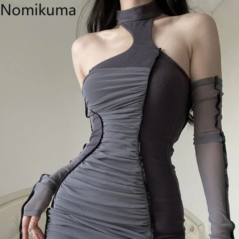 

Nomikuma Dresses for Women 2023 Summer Off Shoulder Slim Pleated Vestido Feminino Harajuku Sexy Vintage Street Y2k Clothes