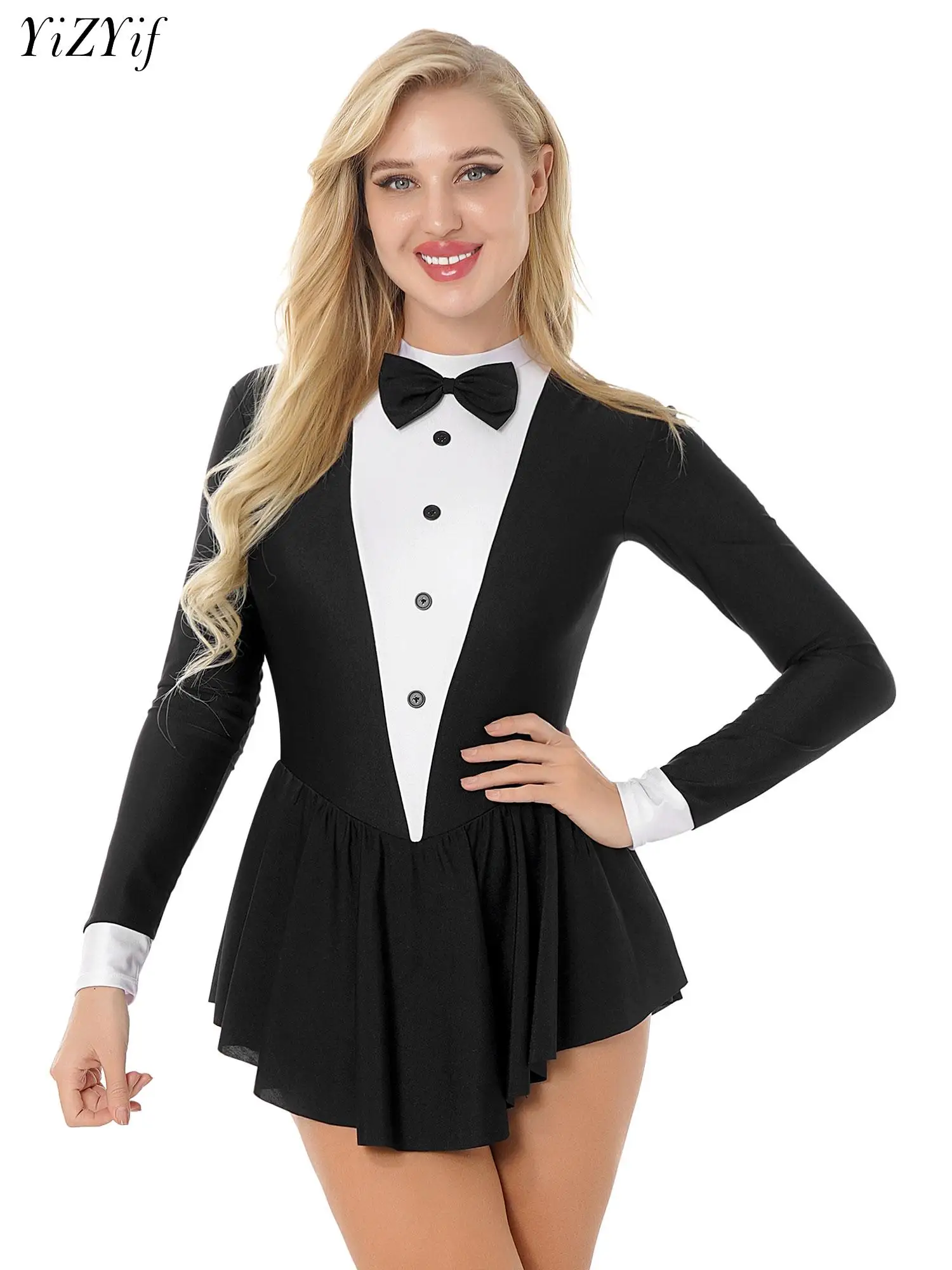 

Womens Bow Tie Tuxedo Dress Latin Jazz Modern Dance Costume Ballet Gymnastics Competition Long Sleeve Skirted Leotard Dancewear