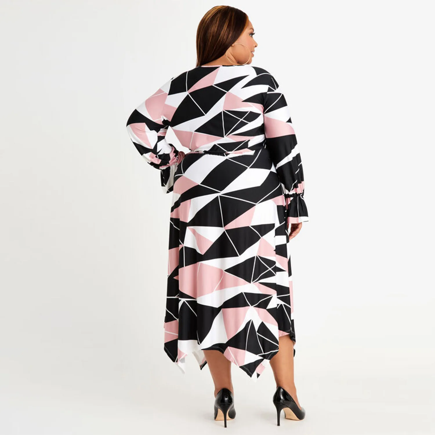 Plus Size Dresses  Elegant Dresses for Women V-Neck  Long Sleeve Dresses for Women Slim Fit Mid-Calf Print Fall Outfits Women