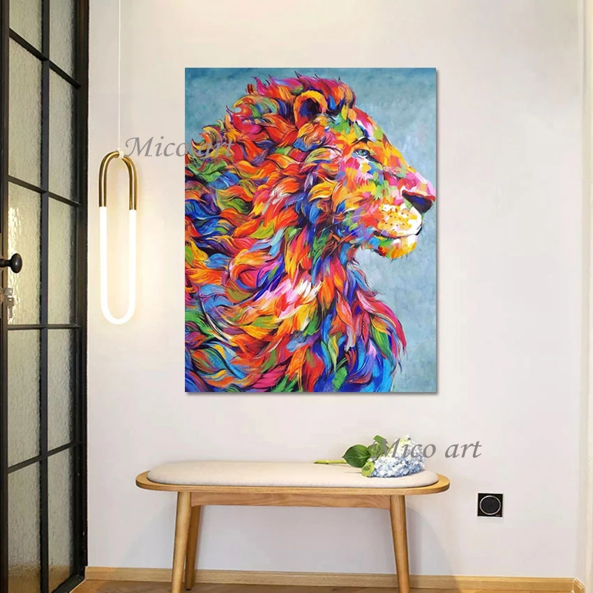 

Quality Animal Head Wall Decoration Colorful Acrylic Texture Abstract Lion Oil Painting Without Framed Canvas Art Picture