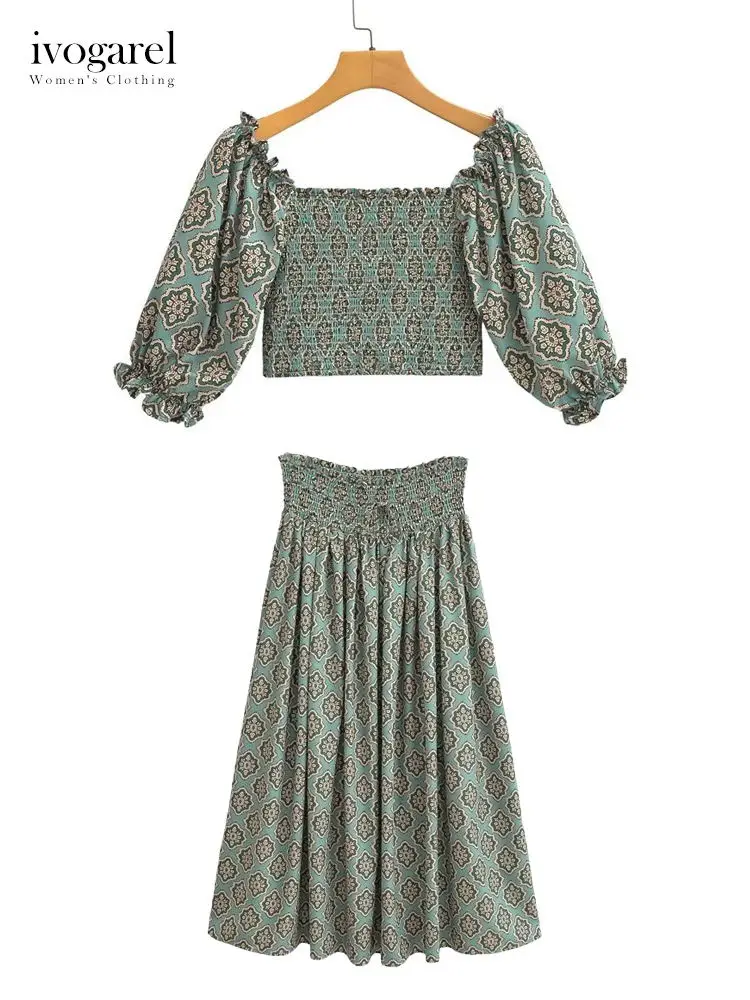 

Ivogarel Woman's Printed Crop Top and Long High-Waist Skirt Set Aesthetic Vintage Summer Two-Piece Suit for Women Traff New