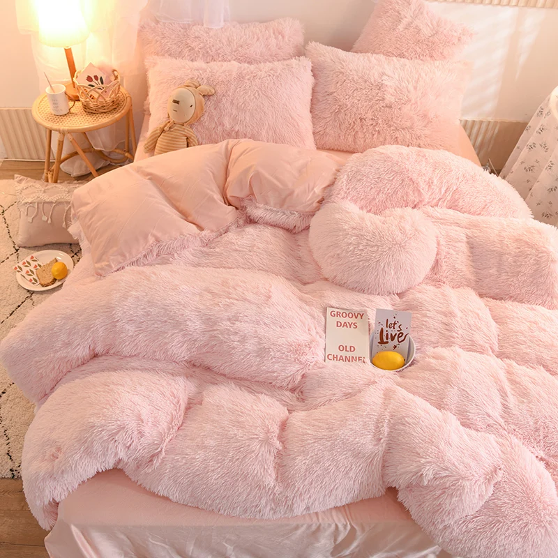 

Lovely Pure Color Winter Warm Plush Bedding Set Kawaii Duvet Cover Set with Sheets Quilt Cover and Pillowcase Warmth Bed Sets