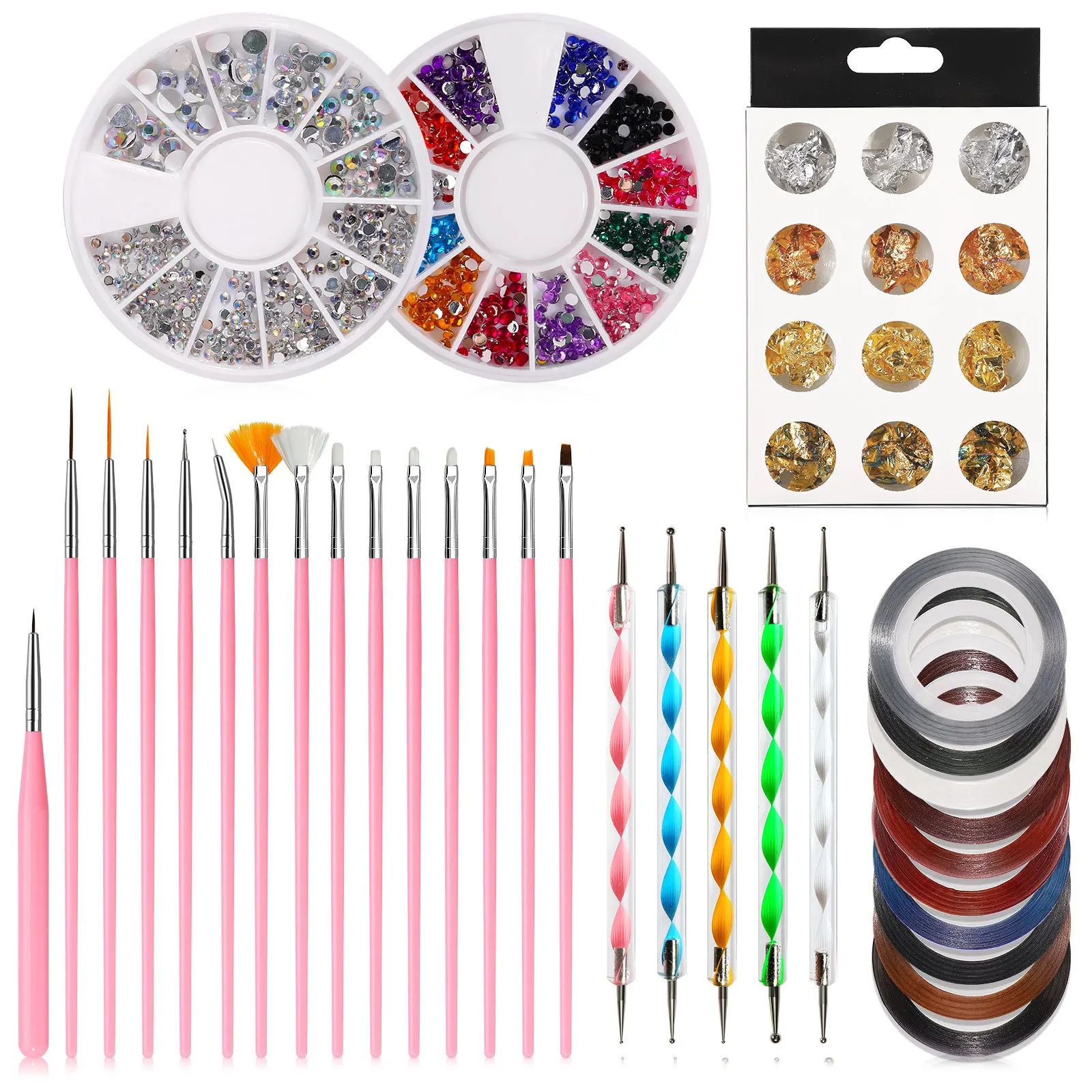 

Cross-Border Hot Selling Set Gold Silver Thread Round Box Rhinestone Jewelry Point Drill Pen Nail Art Brush Nail Art Tools