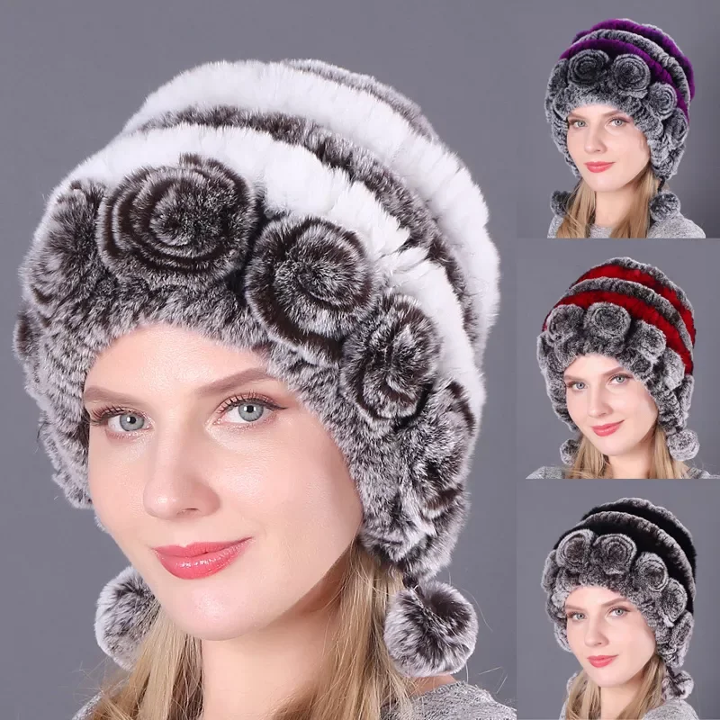 

Fur Hat For Winter Natural Rex Rabbit Cap Russian Female Fur Headgear Outdoor ear Warm Flowers Earmuff Beanies Caps