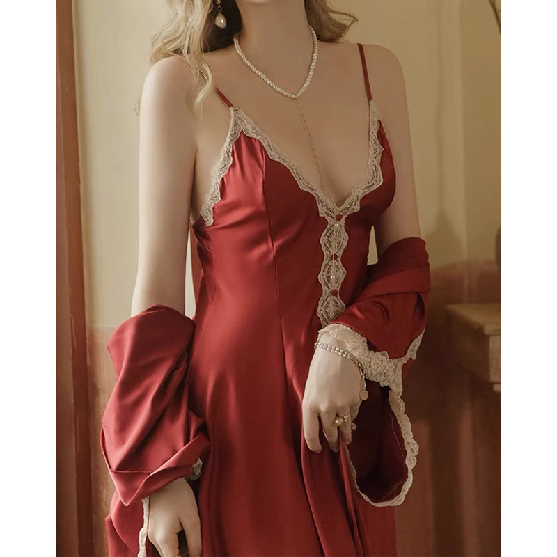 

QWEEK Silk Night Dress Robe Women Sexy Nightwear Elegant Sleepwear Lace Nightgown Female French Nightie Dressing Gown Kimono