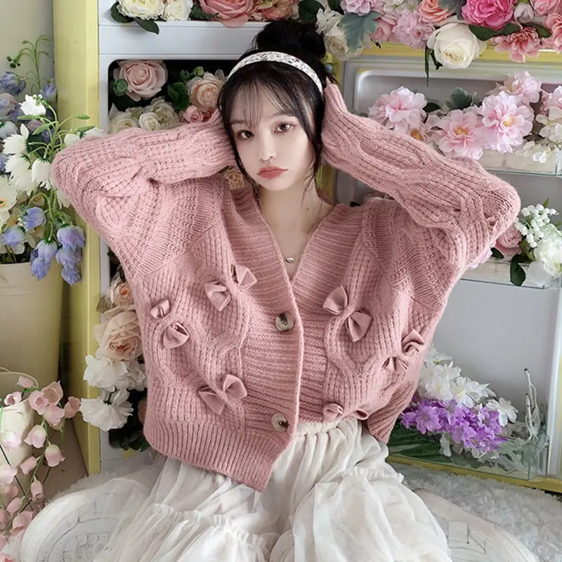 

Женский вязаный свитер, розовая свободная Дамская куртка в Корейском стиле, весна-осень 2023, пальто с бантом и V-образным вырезом, Милая Короткая Верхняя одежда, кардиган, Новинка