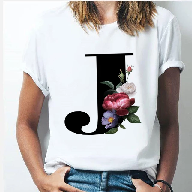 

Creative Flowers Letter J Printed Women T-shirt Casual Large Size White Female Top Fashion Street Style Short Sleeves