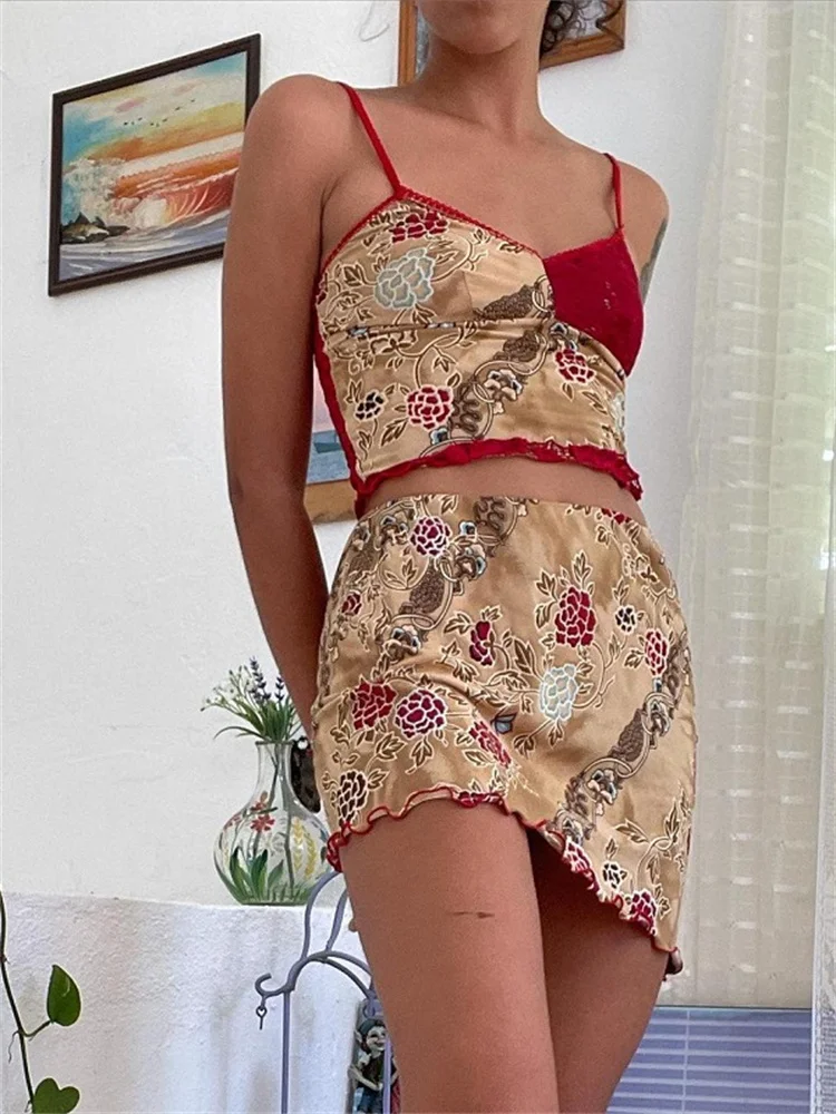 

Floral Print Vintage 2 Pieces Sets Lace Y2K Patchwork Summer Tank Crop Tops Short Mini Skirts Boho Beach Retro Ladies Suits 2022