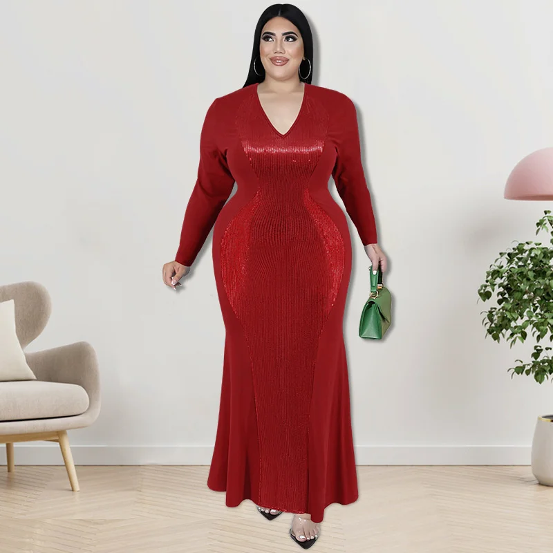 Plus Size 2023 Elegant Glitter v Neck 4xl 5xl Dress Sexy Long Sleeve Club Fashion Evening Party Dresses Autum 3xl 4xl 5xl 6xl