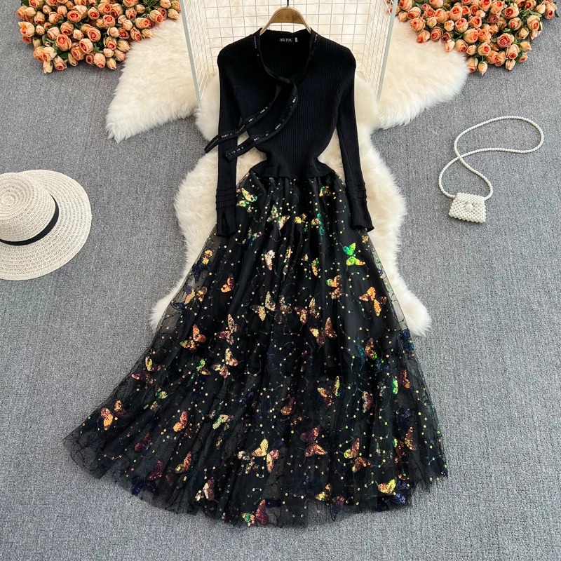 

Женское трикотажное платье в стиле Хепберн, облегающее длинное Сетчатое платье с вышивкой и блестками, весна-осень