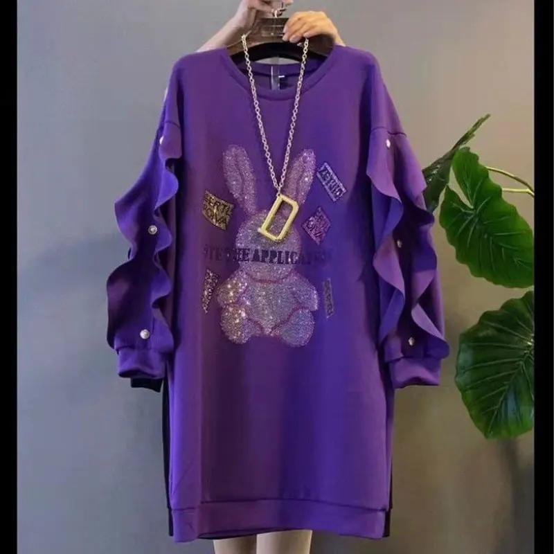 

Women's 2022 Autumn Winter New Long Sleeve Fashion Commuter Casual Ruffles Button Cartoon Letter Printed O-Neck Warm Midi Dress