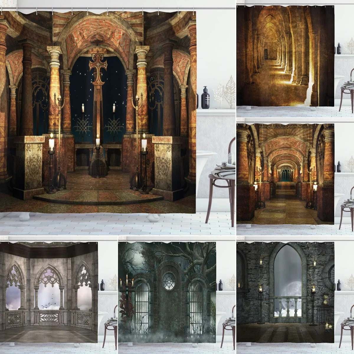 

Gothic Shower Curtain Dark Mystic Hall with Pillars and Dome Shrine Building Illustration Cloth Fabric Bathroom Decor with Hooks