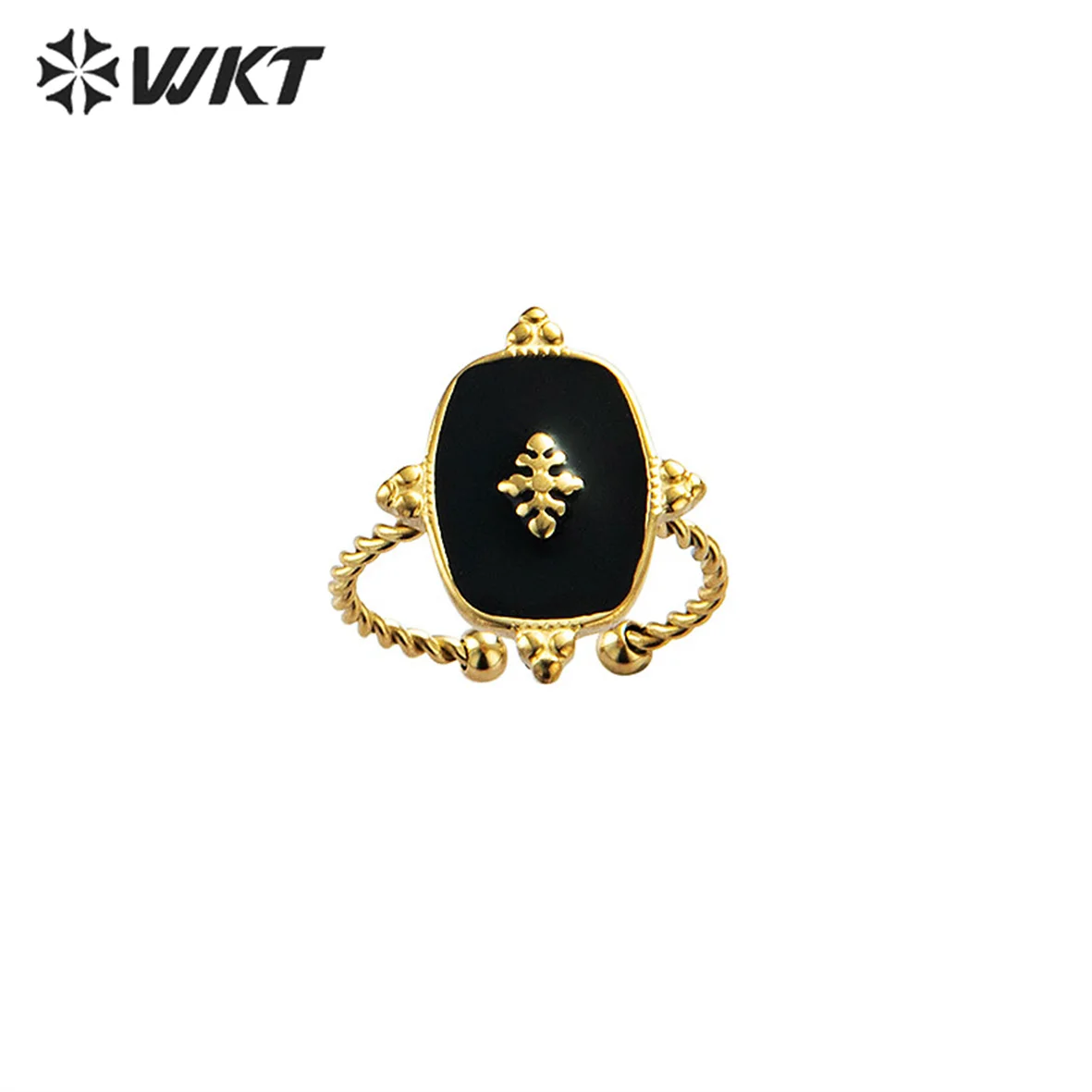 

WT-R396 WKT New Vintage Simple Black Enamel Geometric Stainless Steel Gold Plated Opening Ring Female Accessories Wholesale