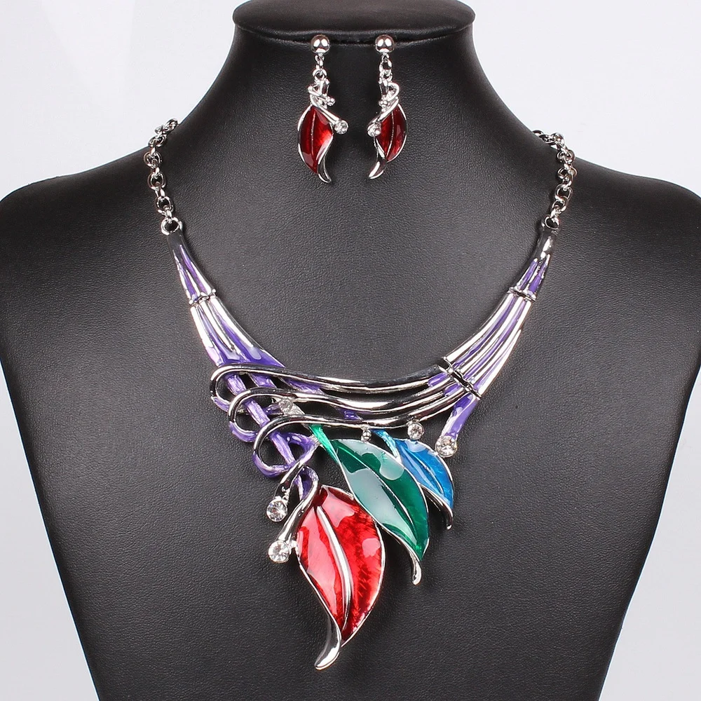 

LE Moda Red Jewelry Sets Purple Enamel Jewelry Statement Necklace And Earring Set Crystal Jewelry Set Fashion Leaves