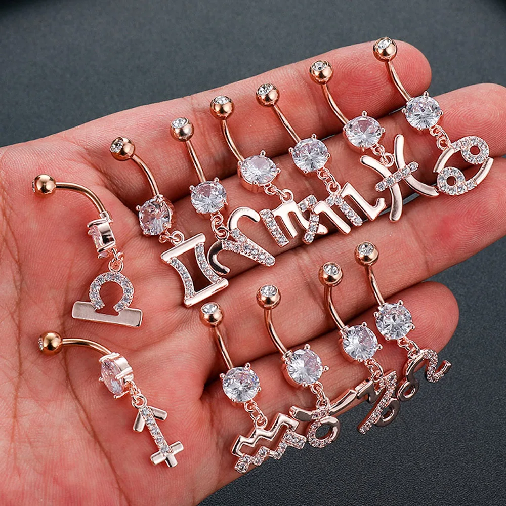 12 созвездий серии пупка кольцо из стали CZ Пирсинг-серьги для Штанга свисающая