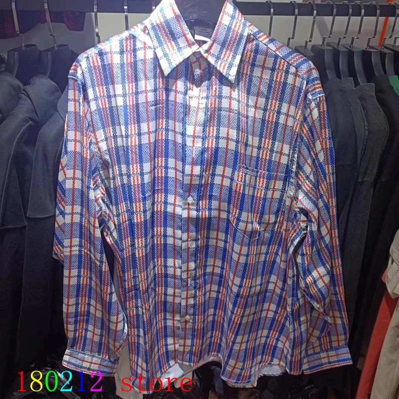 

Thin Fabric Woven Bag Style Vetements Long Sleeve Shirt Men Women High Quality Colorful Plaid Stripe V-Shape VTM Shirt Blouse