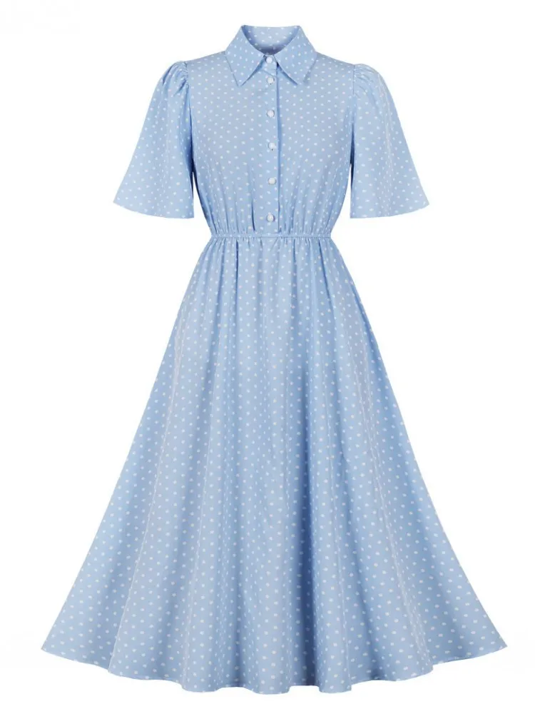 

Женское длинное платье-рубашка в горошек, повседневное ТРАПЕЦИЕВИДНОЕ ПЛАТЬЕ С Рукавом до локтя и отложным воротником, лето 2022