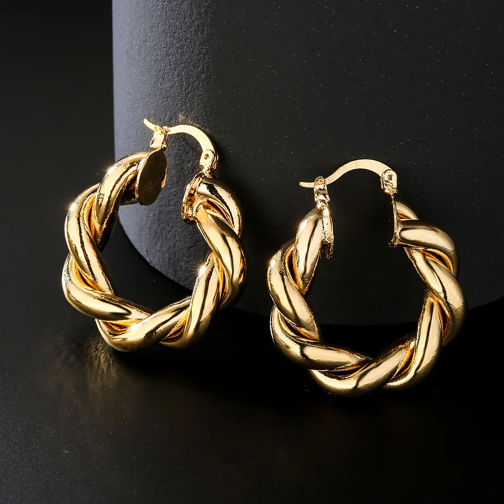 

Handmade 18K Golden Twisted Circle Hoop Earrings For Women Jewelry
