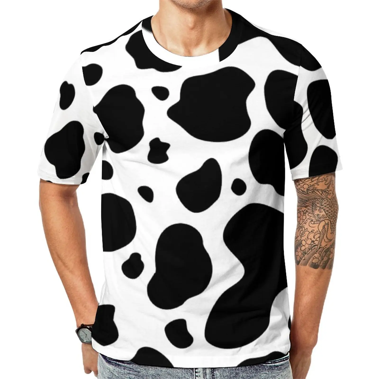 

Black And White Cow Print T Shirt Cow Spots Retro T Shirts Short-Sleeve Pattern Tops Hot Summer Awesome Oversized Top Tees