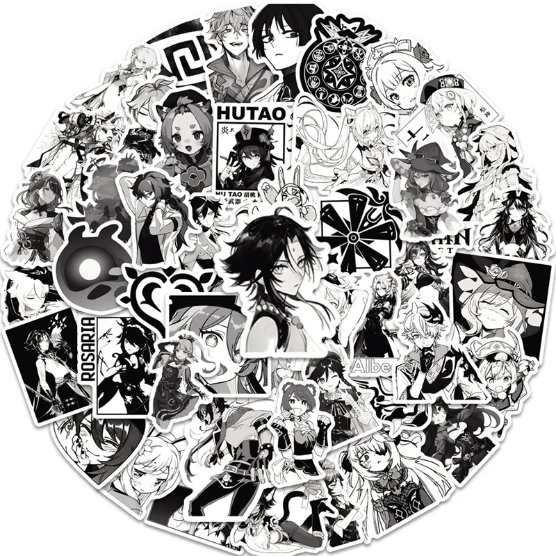 

50Sheets Black and White Cute Cartoon Genshin Impact Doodle Sticker Set Notebook Manual Student Kids Gift Sticker Poster Collage