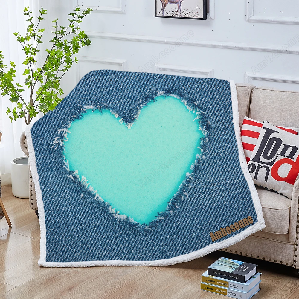 

Синее винтажное одеяло с принтом в виде сердца, классическое Флисовое одеяло из шерпы, одеяло из джинсовой ткани, оригинальное одеяло с прин...