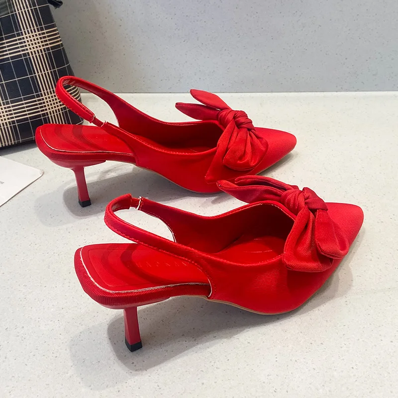 

Luxury New French Styles Shoes for Women Solid Color Silk Noodles Shallow Mouth High Heels Bow Tie Pointed Back Empty Shoes