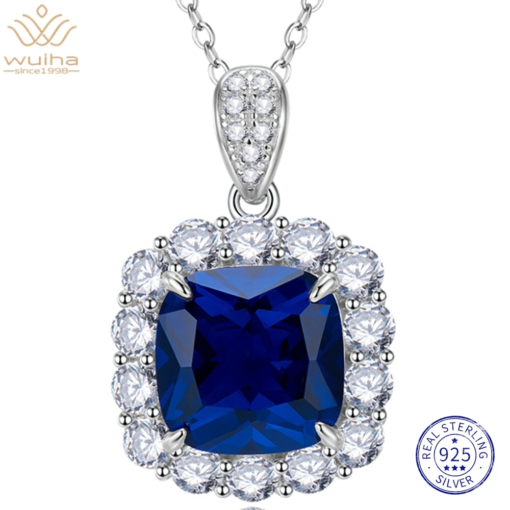 

WUIHA 18K White Gold 12*12MM Sapphire Faceted Gemstone Necklaces for Women Engagement Gift 925 Sterling Silver Jewelry Wholesale