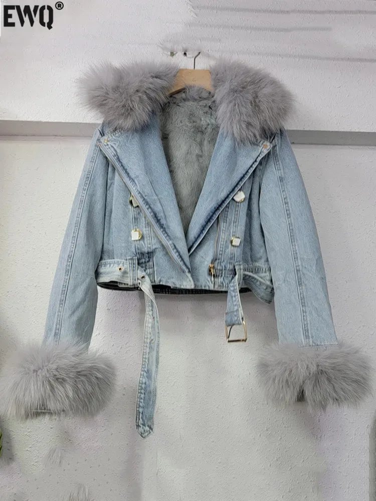 

Женская джинсовая куртка с меховым воротником [EWQ], теплая джинсовая куртка с бандажным украшением и металлической пряжкой, Осень-зима 2023, 16U5293