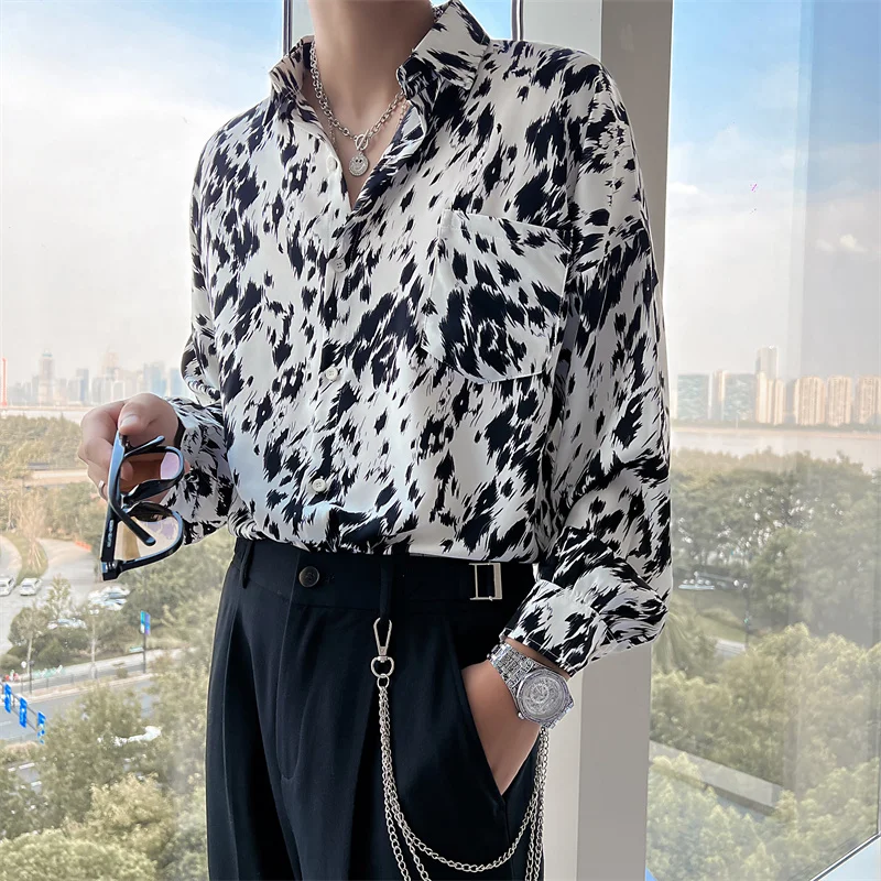 2022 Vintage Print Men's Shirts Autumn Long Sleeve Casual Loose Shirt Fashion Streetwear Social Party Tuxedo Blouse Men Clothing