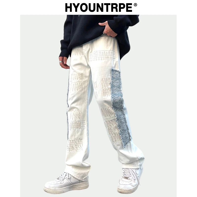 Irregular Sewing Scratched Patchwork Denim Jeans Men Casual Straight Biker Zipper Trousers Streetwear Hip Hop Jean Pants Joggers