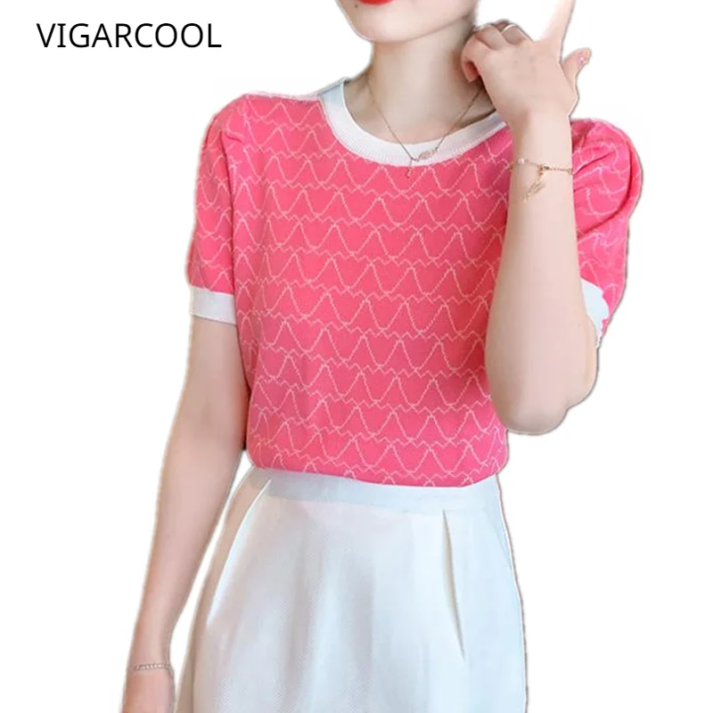 

Цветная вязаная рубашка с круглым вырезом и коротким рукавом, женская летняя Новинка 2023, модный универсальный пуловер для снижения возраста, футболка, Женский Топ