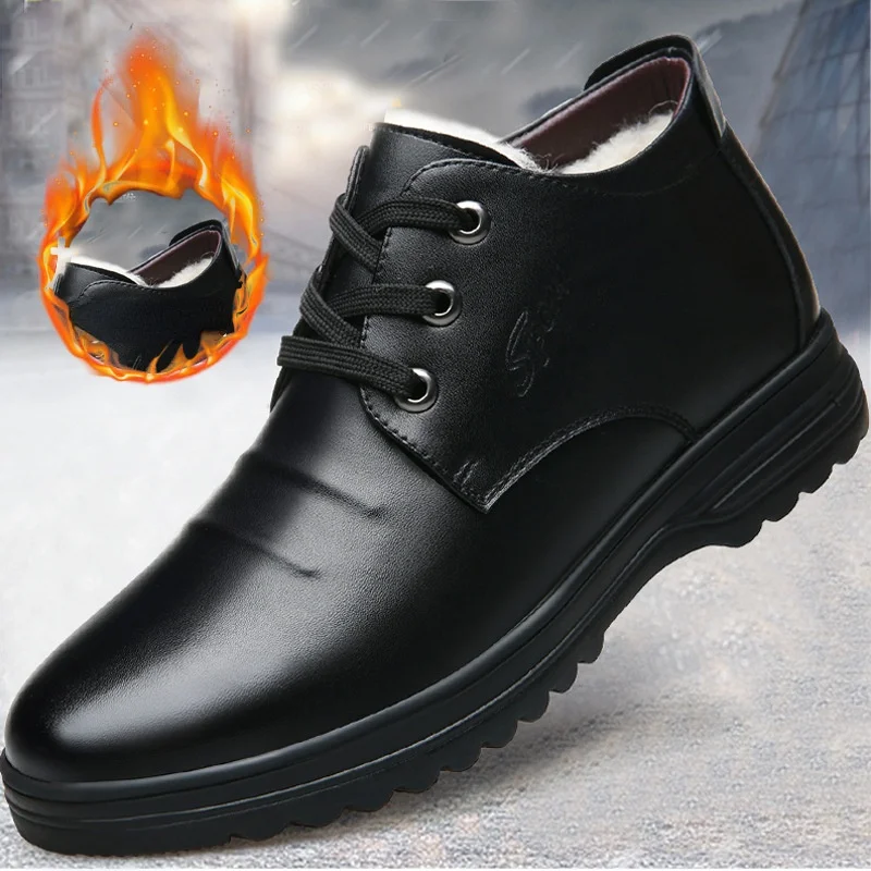 

Men's Cotton Leather Shoes Winter Warm Plus Velvet Men's High-top Leather Shoes Business Casual Cotton Shoes Zapatos De Hombre