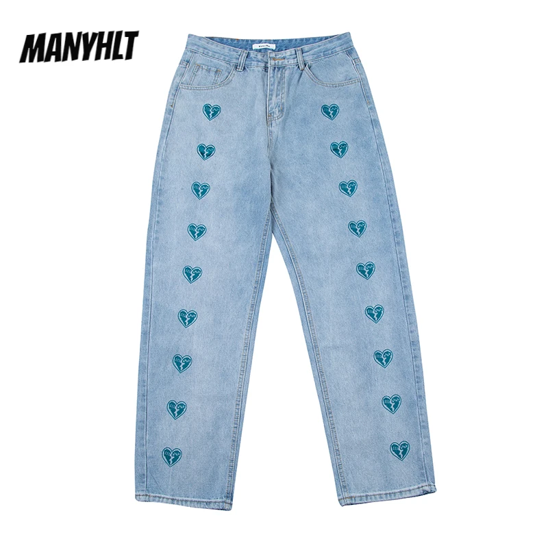 

Брюки мужские из денима оверсайз с вышивкой в стиле Харадзюку, мешковатые прямые брюки из денима в стиле ретро, хип-хоп, уличная одежда