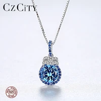 czcity luxury 7mm blue topaz pendant necklace for women charming chain gemstone necklace femme wedding 925 silver jewelry gifts