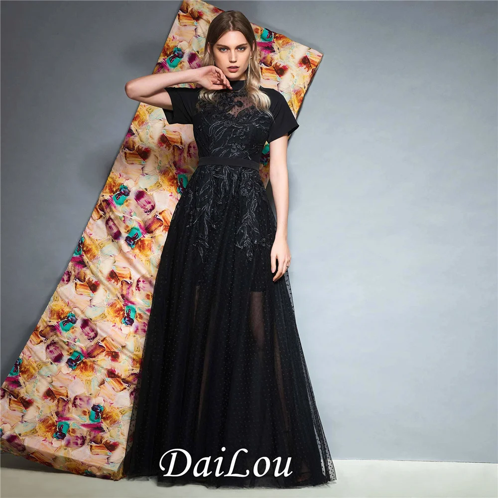 

New Style Black Prom Dress Short Sleeves High Neck Evening Dress Floor-Length Tulle With Appliques Free Shipping