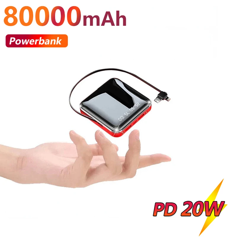 

Mini Largecapacity 80000mAh Power Bank with Data Cable LED Flashlight LCD Digital Display Dual USB External Batteries for Iphone