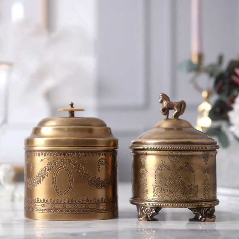 

European Brass Storage Jar with Lid Handmade Floral Embossed Decorative Bedroom Jewelry Organizer Living Room Desktop Candy Jars