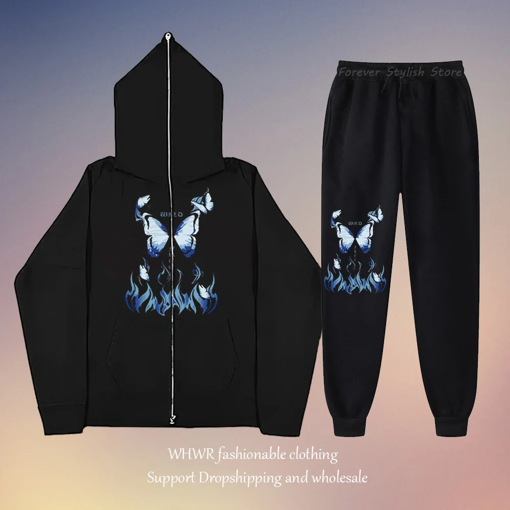 

Gothic Zipup Jackets Long Sleeve Streetwear Sweatshirt Butterfly Zipper Jacket Fashion Y2k Pants Harajuku Sweatpants for Women