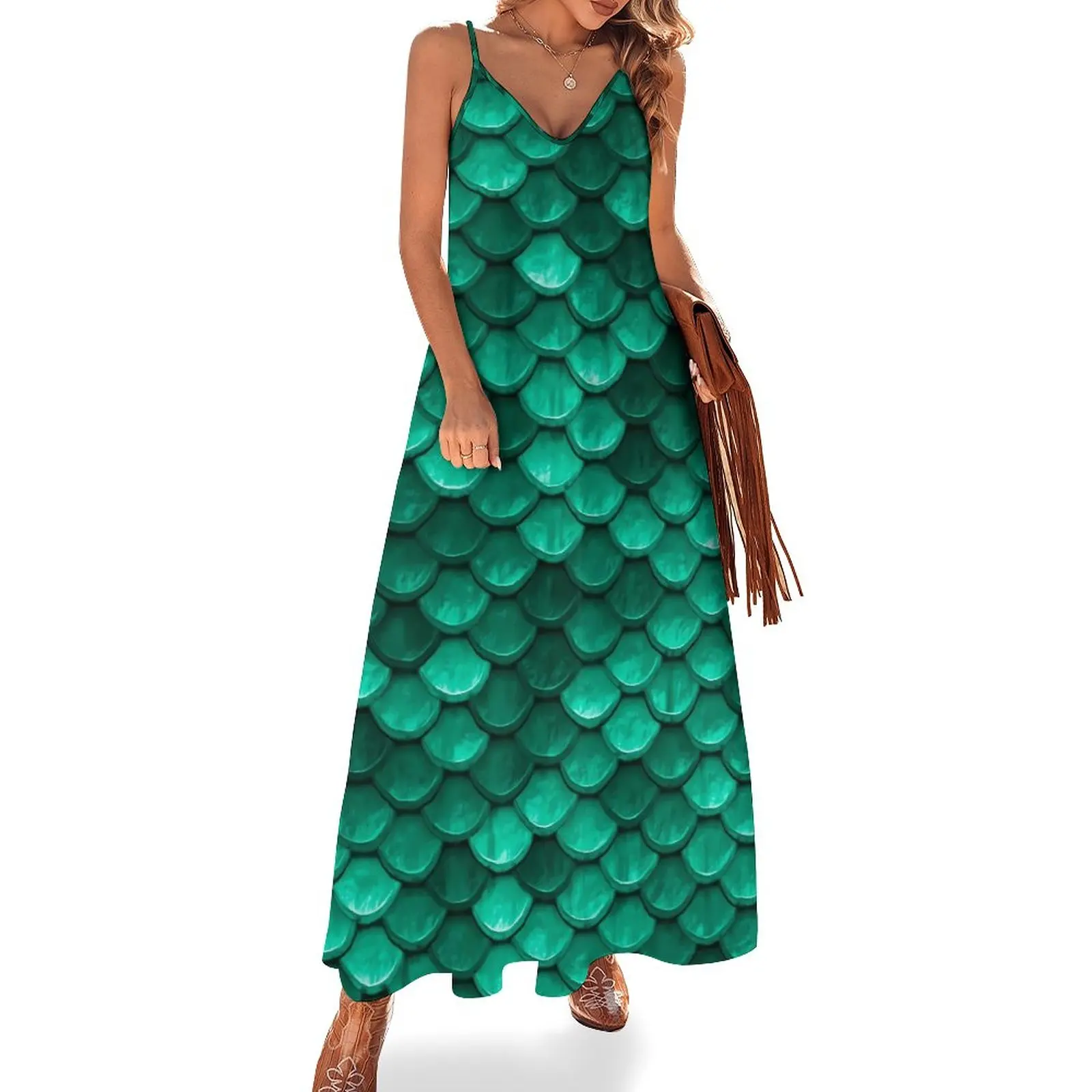 

Green Mermaids Scale Dress Animal Print Street Fashion Bohemia Long Dresses Summer Club Maxi Dress Graphic Vestido Gift Idea