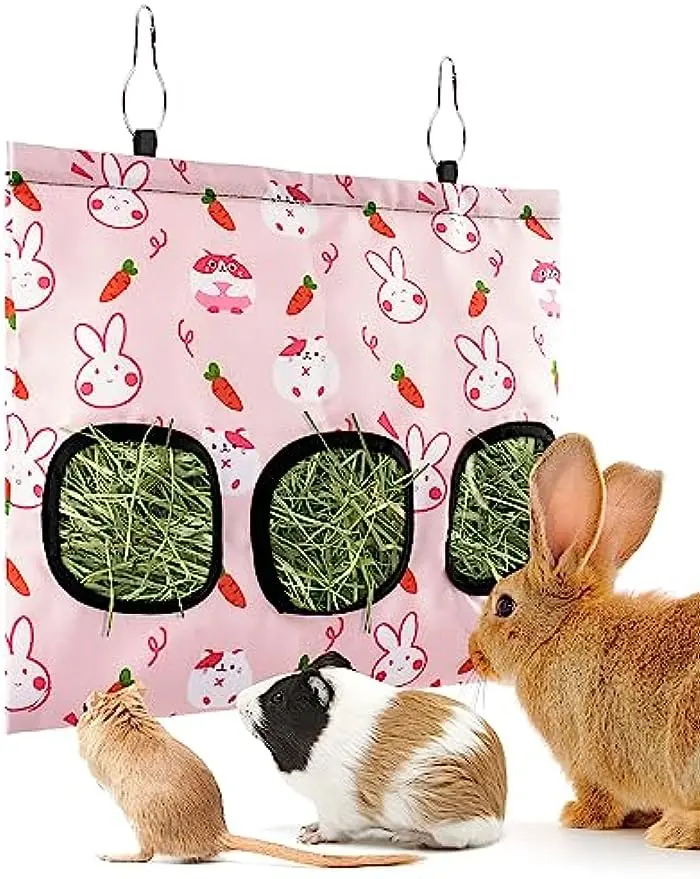 

Rabbit Hay Feeder Bag, 3 Holes Hanging Hay Feeder Guinea Pig Hay Bag for Rabbits Bunny Chinchillas Hamsters Rats Small Pets