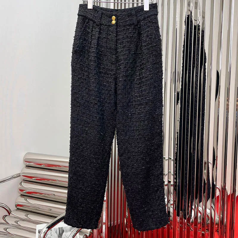 

22 Spring Fashion Women Suit Pants Luxury Golden Button Casual Trouser Elegant Black White Slim Straight Office Top Quality Pant